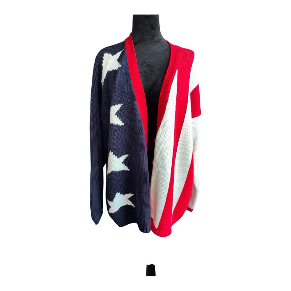 VTG Quacker Factory Cotton‎ Oversized American Flag knit cardigan size XL/1X